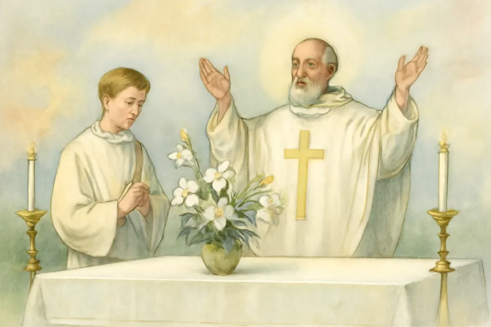 Watercolor illustration of a deacon in a white dalmatic with his stole worn across his chest standing beside a priest in a white chasuble at the altar