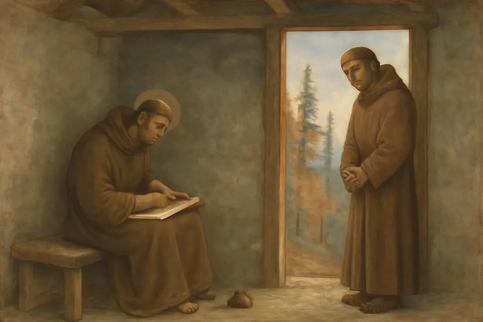 Fresco-style illustration of St. Francis in a brown habit writing on a small parchment in a rough stone cell on La Verna while Brother Leo waits at the doorway