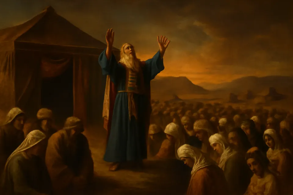 Oil-painting-style illustration of the high priest Aaron raising both hands to bless the tribes of Israel before the tent of meeting in the desert