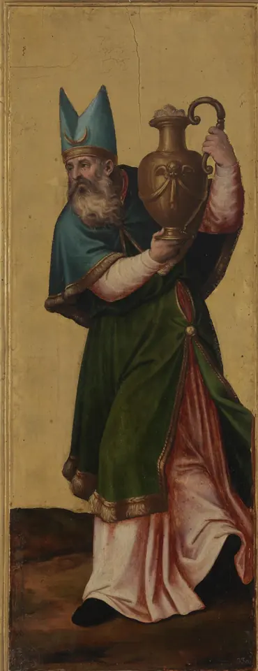 Renaissance panel of the bearded high priest Aaron standing in rich vestments with a tall miter-like headdress, a jeweled breastplate and a censer in his hand