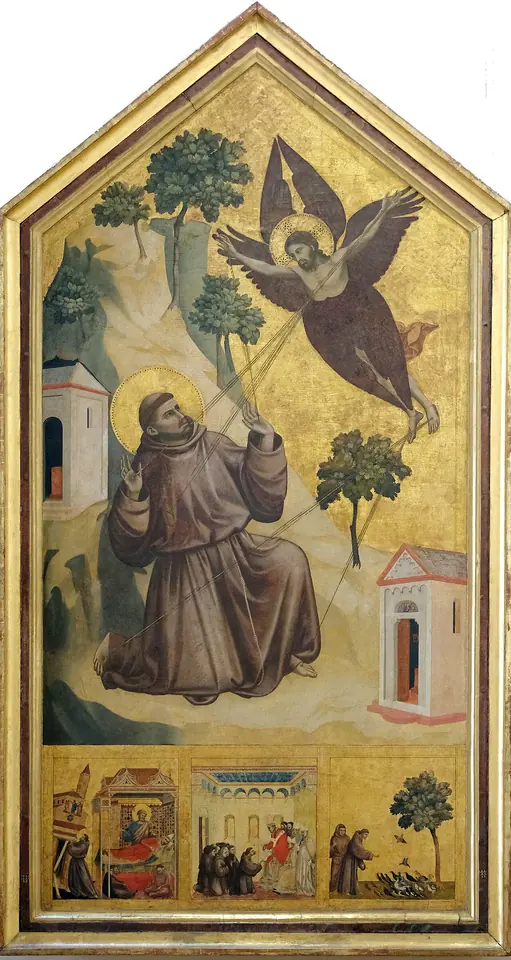 Gold-ground altarpiece of St. Francis kneeling on the rocks of La Verna as a winged seraph in the form of the crucified Christ sends rays to his hands, feet and side, with three small scenes from his life below
