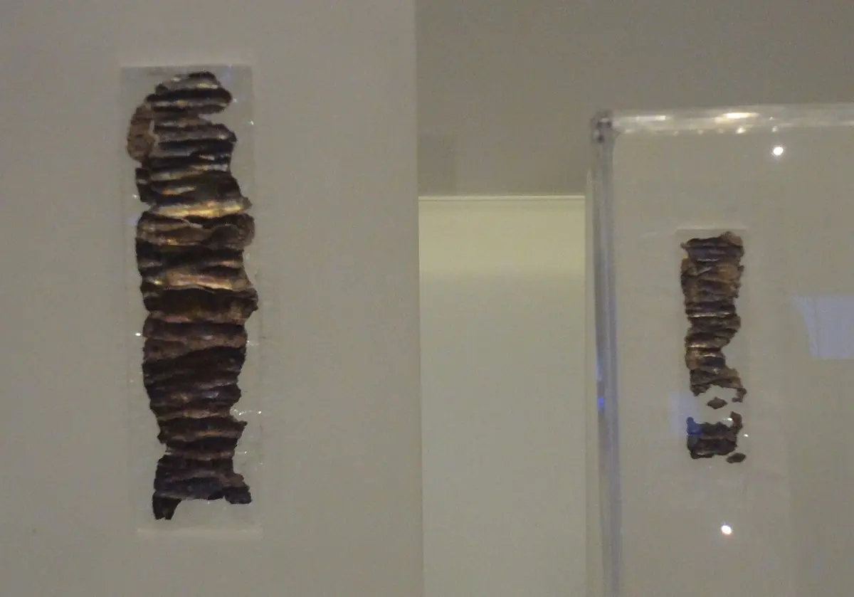 Two small strips of tarnished silver, unrolled and flattened, with faint scratched letters, displayed on a dark museum background