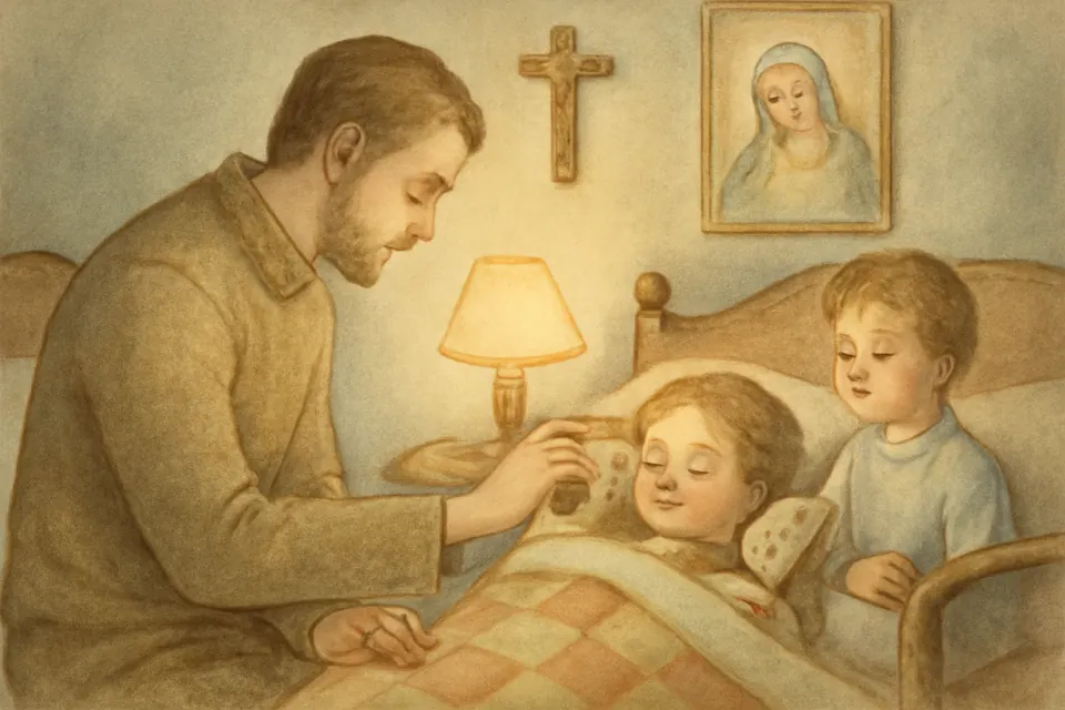 Watercolor illustration of a father tracing a small cross on his young daughter's forehead as he blesses her at bedtime