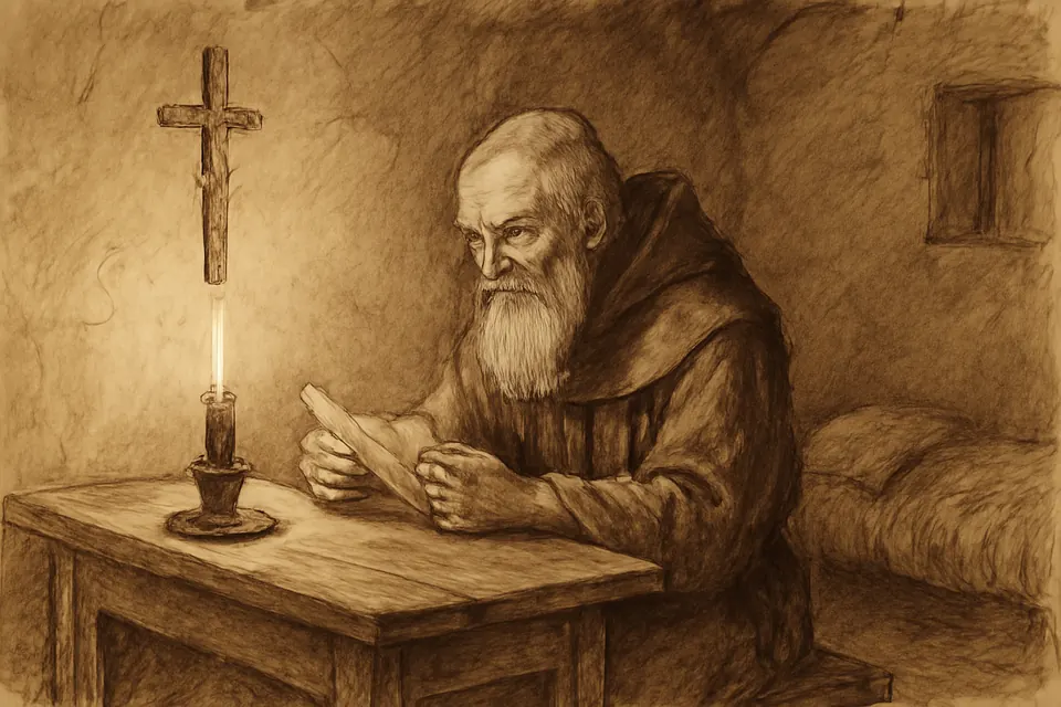 Ink-drawing-style illustration of an old Franciscan friar unfolding a small worn parchment by candlelight in a friary cell