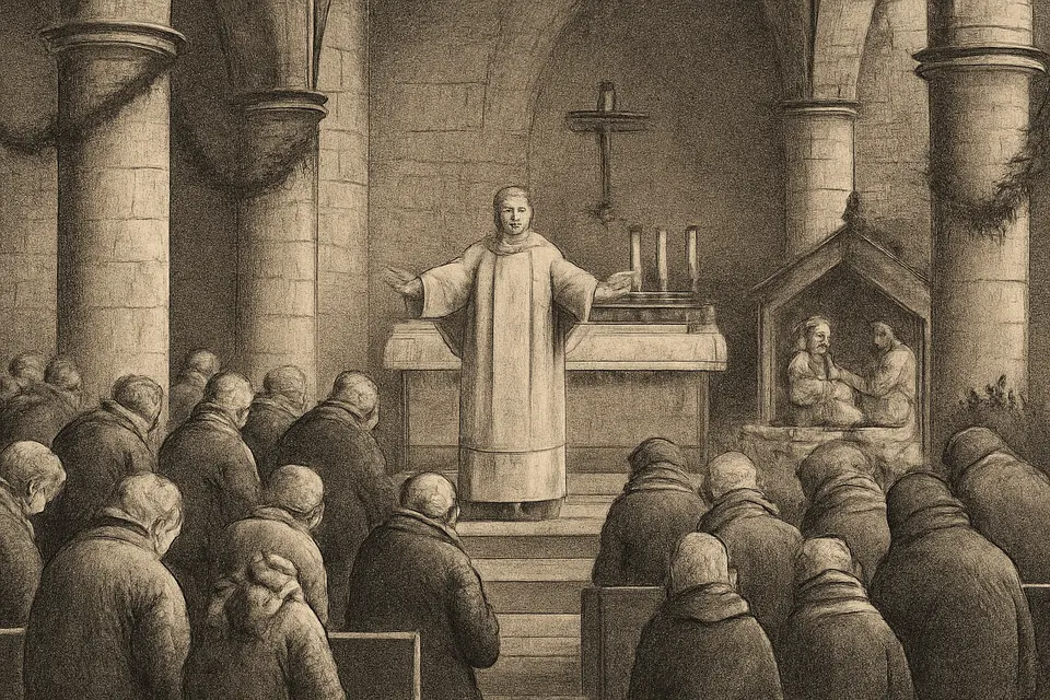 Engraving-style illustration of a priest at the altar extending his hands over the congregation in blessing at the end of Mass