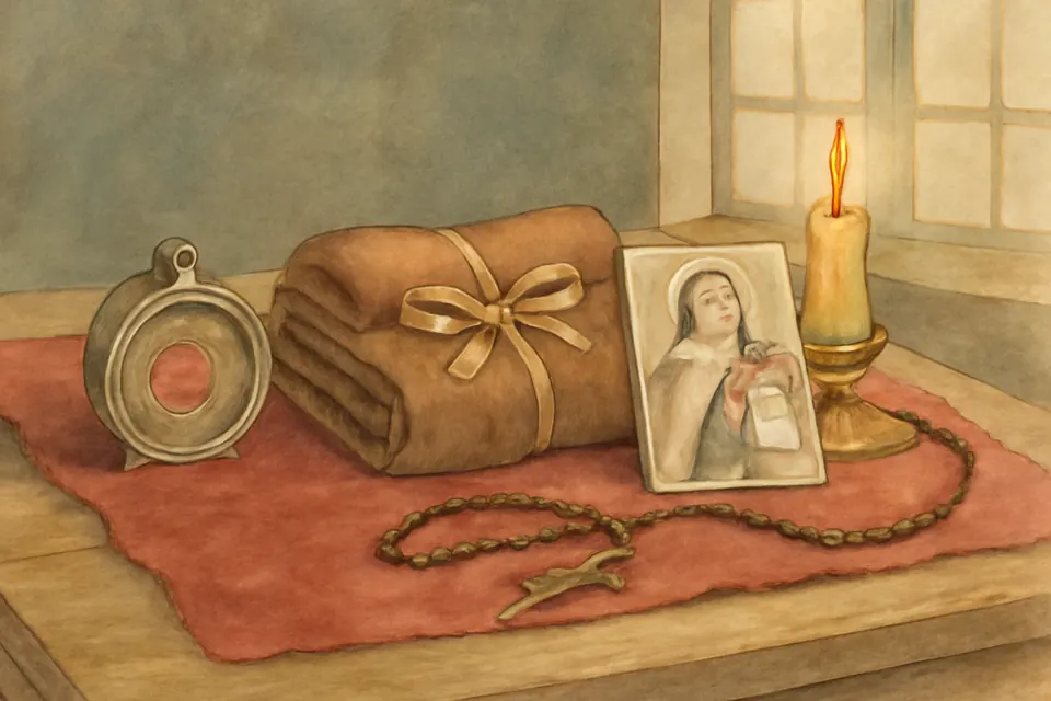 Watercolor-style illustration of three relics side by side on red velvet, a small round silver reliquary, a folded brown cloth and a holy card with a tiny square of fabric