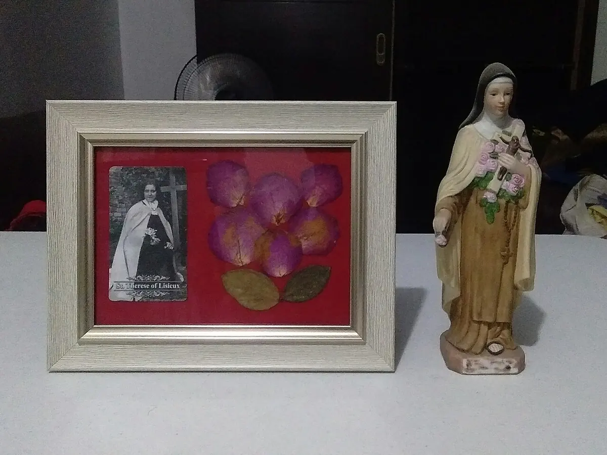 Framed display on red backing with a small photo of St. Thérèse and dried pink rose petals, beside a small statue of the saint holding roses