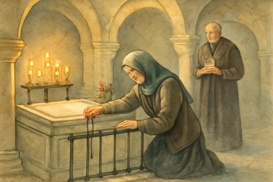 Watercolor-style illustration of a woman pilgrim gently touching her rosary to the stone of a saint's tomb in a quiet candlelit crypt