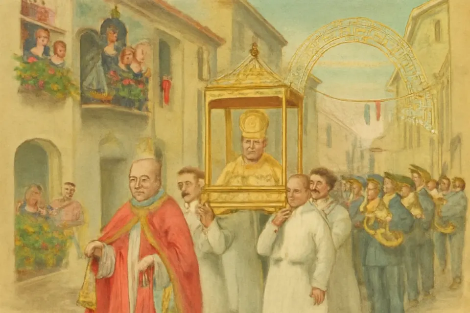 Illustration of a relic procession through the narrow streets of an Italian town on a saint's feast day