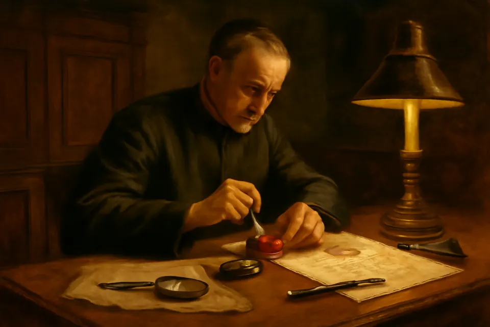 Illustration of a diocesan official sealing a small relic case with red wax and a ribbon before signing its certificate