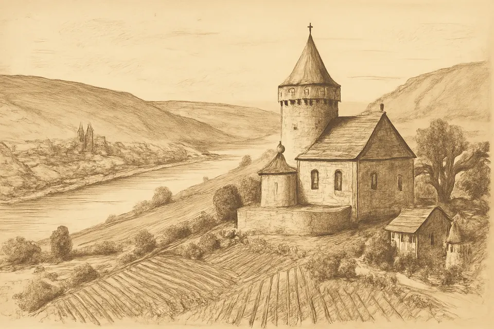 Ink-drawing-style view of the small fortified church of Saint-Quentin at Scy-Chazelles on a hillside above the Moselle valley near Metz