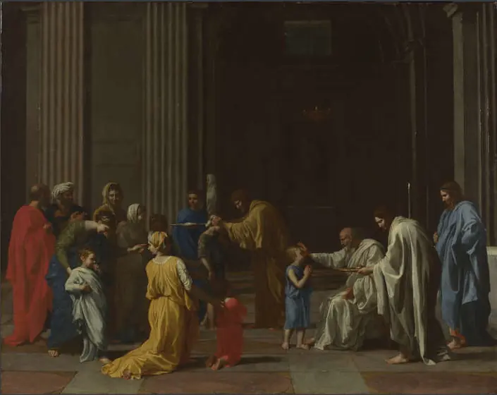 In a columned early Christian church, a seated priest anoints the foreheads of children who are brought forward by their mothers and sponsors, while others wait their turn