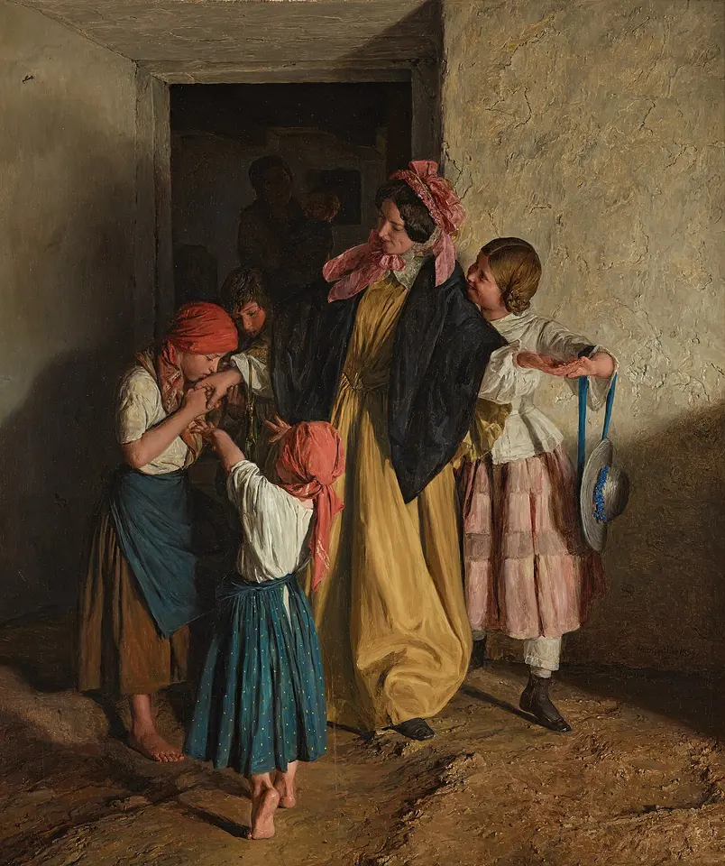 Village children crowd around a woman in a yellow dress and shawl at a doorway, one girl kissing her hand, after a confirmation day in rural Austria