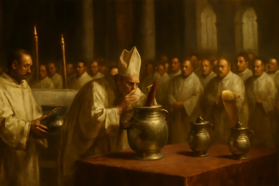 Oil-painting-style illustration of a bishop at a cathedral altar on Holy Thursday breathing over an open silver urn of oil to consecrate the chrism, with priests standing around him