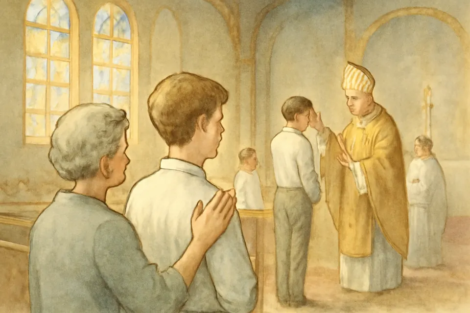 Watercolor-style illustration of a sponsor resting her right hand on the right shoulder of a teenage boy as they stand in line in a church aisle waiting to be confirmed