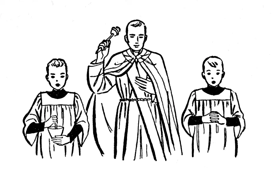 Line drawing of a priest in a cope sprinkling holy water with an aspergillum, flanked by two altar boys in cassocks and surplices, one holding the holy water vessel