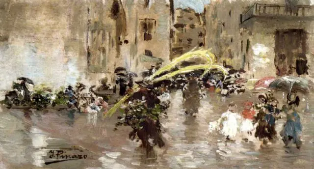 Loosely brushed oil sketch of a crowded square in Valencia on Palm Sunday, people with umbrellas carrying tall palm branches before the church