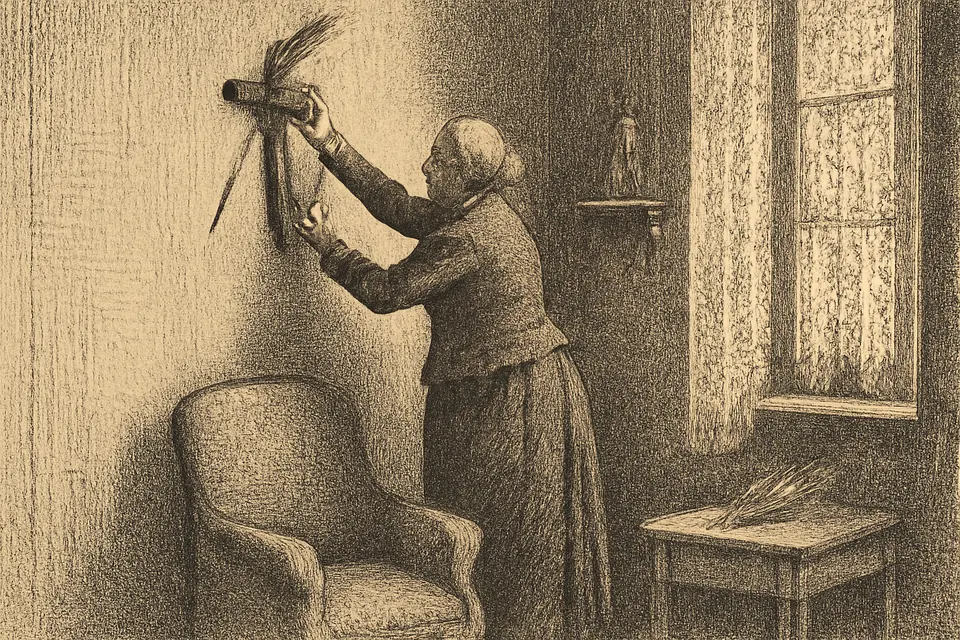 Engraving-style illustration of an elderly woman tucking a blessed palm frond behind a crucifix on the wall of her home on Palm Sunday