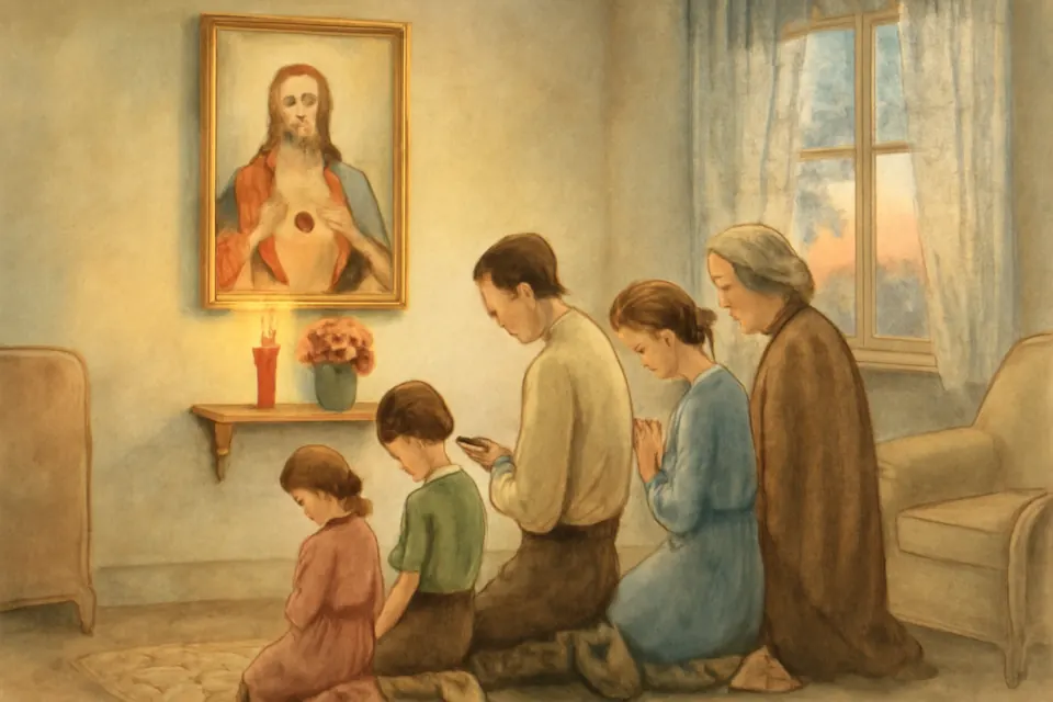 Illustration of a family kneeling before a picture of the Sacred Heart of Jesus on the wall of their home, a candle and fresh flowers on a small shelf below it