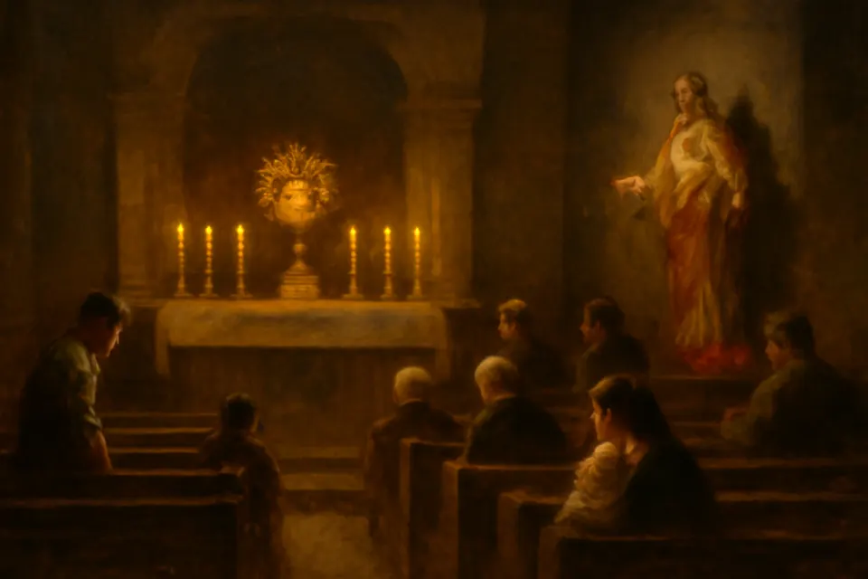Oil-painting-style illustration of parishioners in adoration before the Blessed Sacrament in a quiet church on a First Friday evening