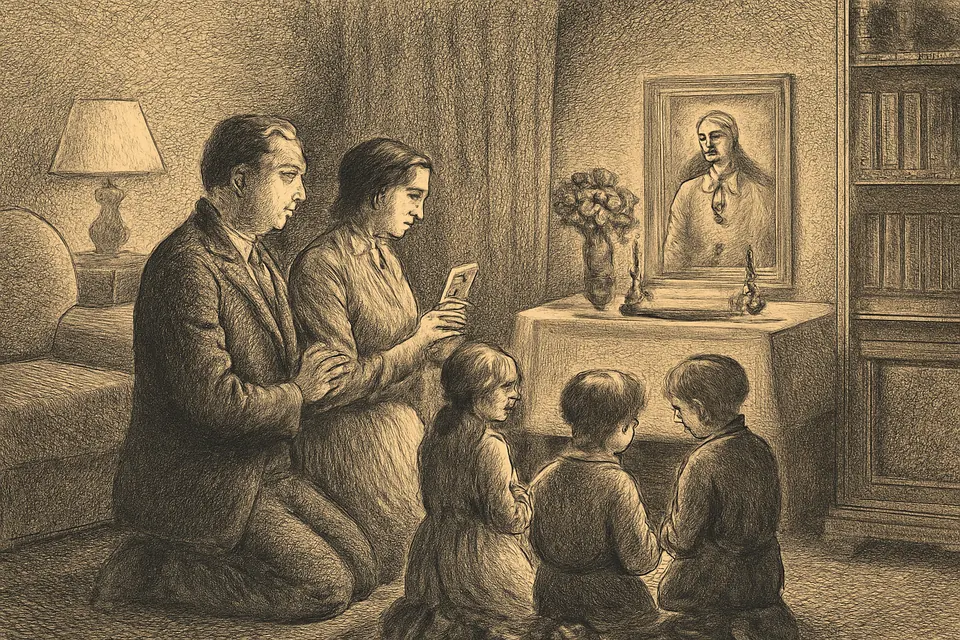 Ilustración en estilo óleo de una familia arrodillada en su sala ante un cuadro del Sagrado Corazón de Jesús sobre un pequeño altar con velas y rosas rojas
