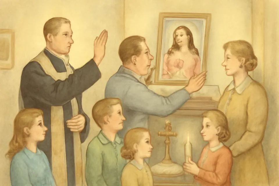 Ilustración en acuarela de un sacerdote que bendice un cuadro del Sagrado Corazón mientras una familia lo coloca en el lugar de honor de su casa