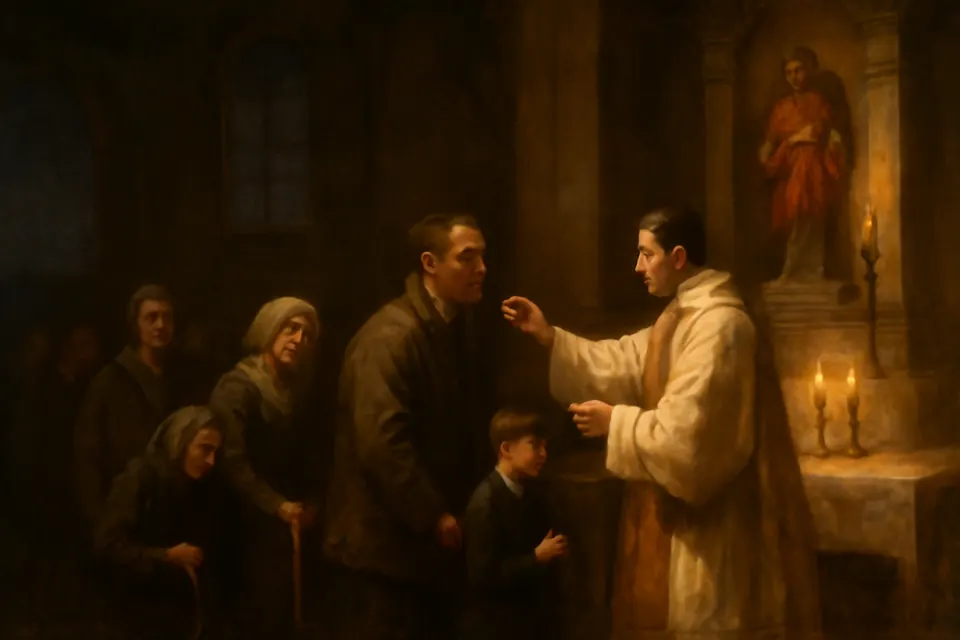 Ilustración en estilo óleo de fieles que se acercan a comulgar en una misa temprana de primer viernes, con una imagen del Sagrado Corazón en el altar lateral