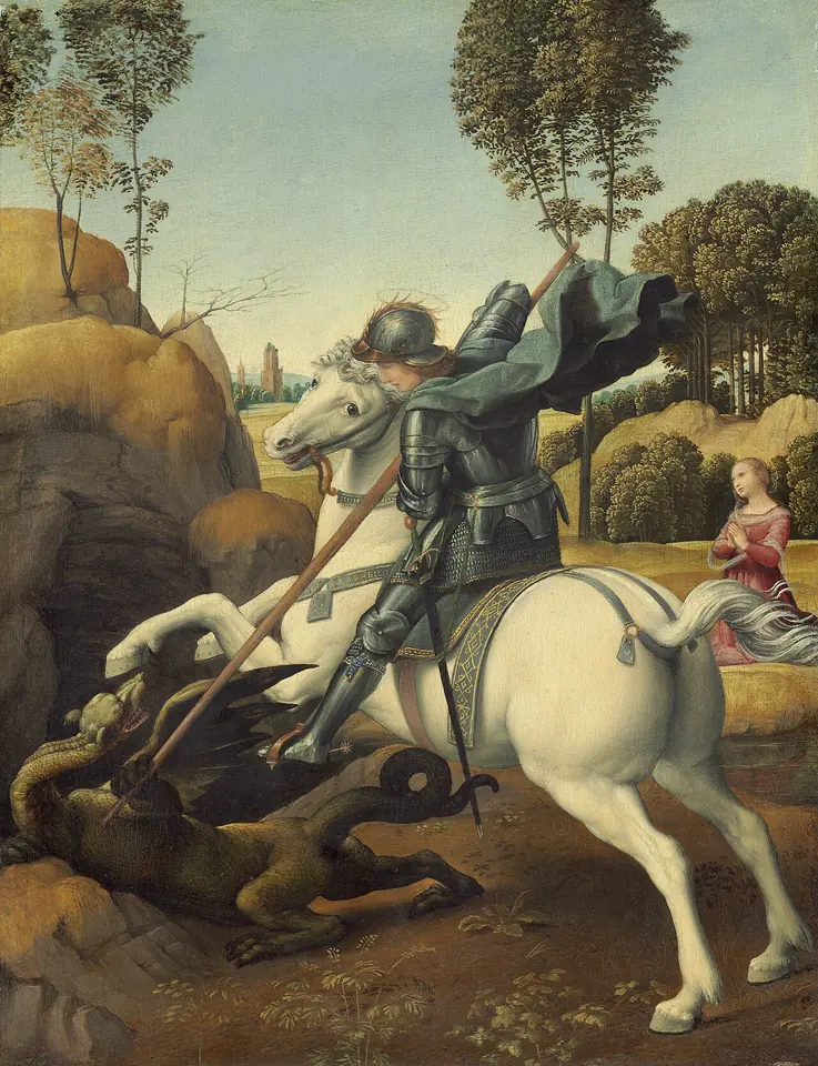 Raphael's small painting of an armored knight on a white horse driving his lance into a dragon on the ground, while the princess kneels in prayer in a green landscape