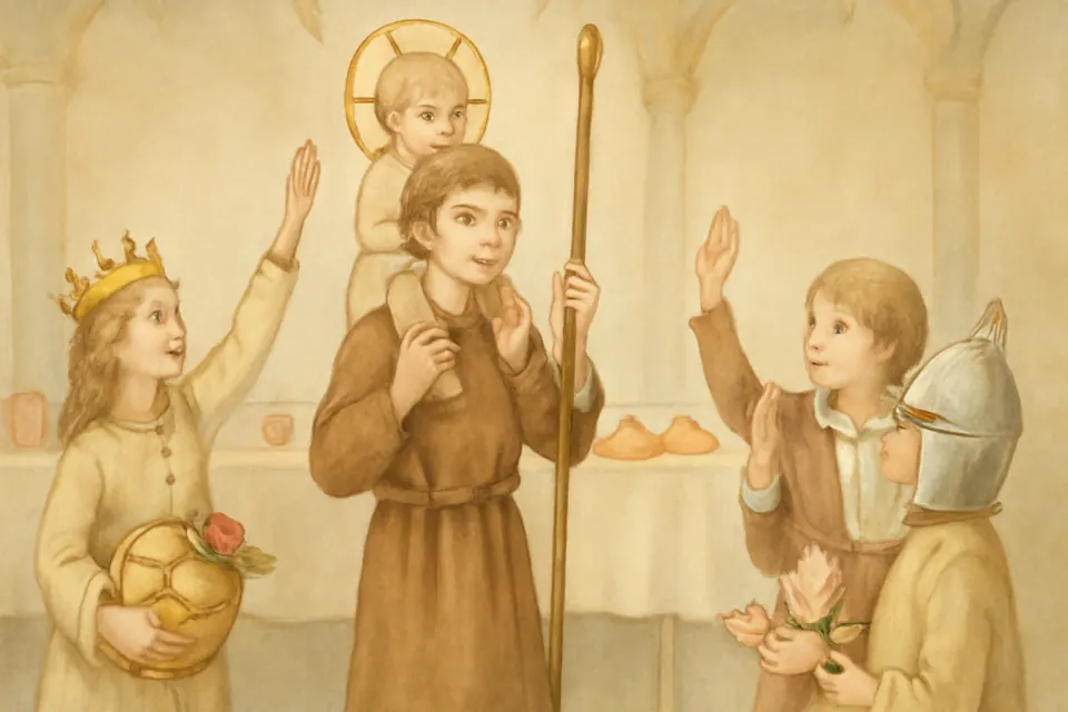 Watercolor-style illustration of children in saint costumes playing a guessing game while one boy dressed as St. Christopher carries a doll on his shoulders