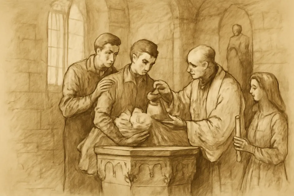 Oil-painting-style illustration of a young father holding his newborn son in a white gown at a stone baptismal font while a priest pours water and the godparents look on