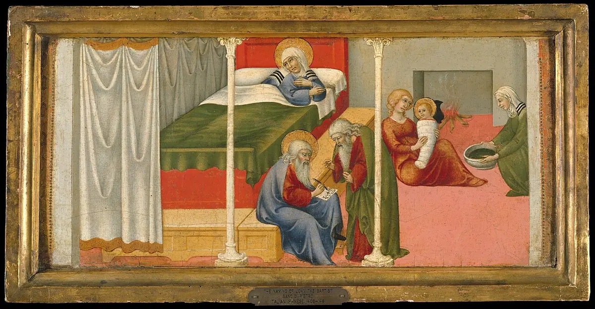 Long painted panel showing St. Elizabeth in bed after giving birth, the newborn being bathed by women, and the old priest Zechariah seated and writing on a tablet