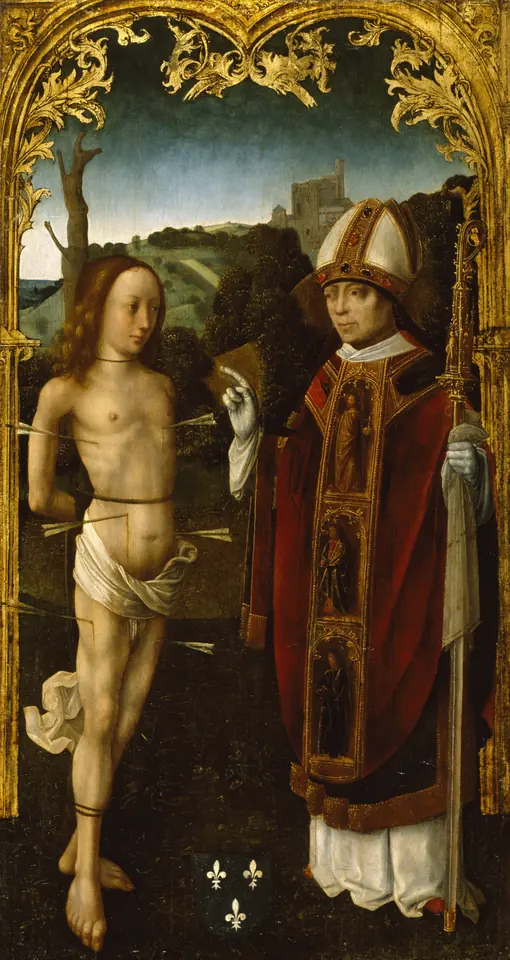 Late Gothic panel of a young St. Sebastian pierced by arrows standing beside a bishop in a red cope and miter holding a crozier, in a hilly landscape