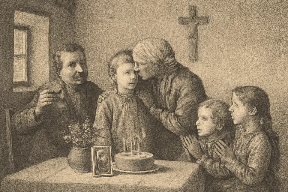 Engraving-style illustration of a family in an old European home celebrating a boy's name day with a cake and a small picture of his patron saint