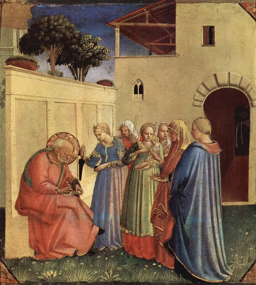 Early Renaissance panel of the old priest Zechariah seated on the ground writing on a tablet, while Elizabeth holds the infant John and women in bright robes look on in a walled courtyard
