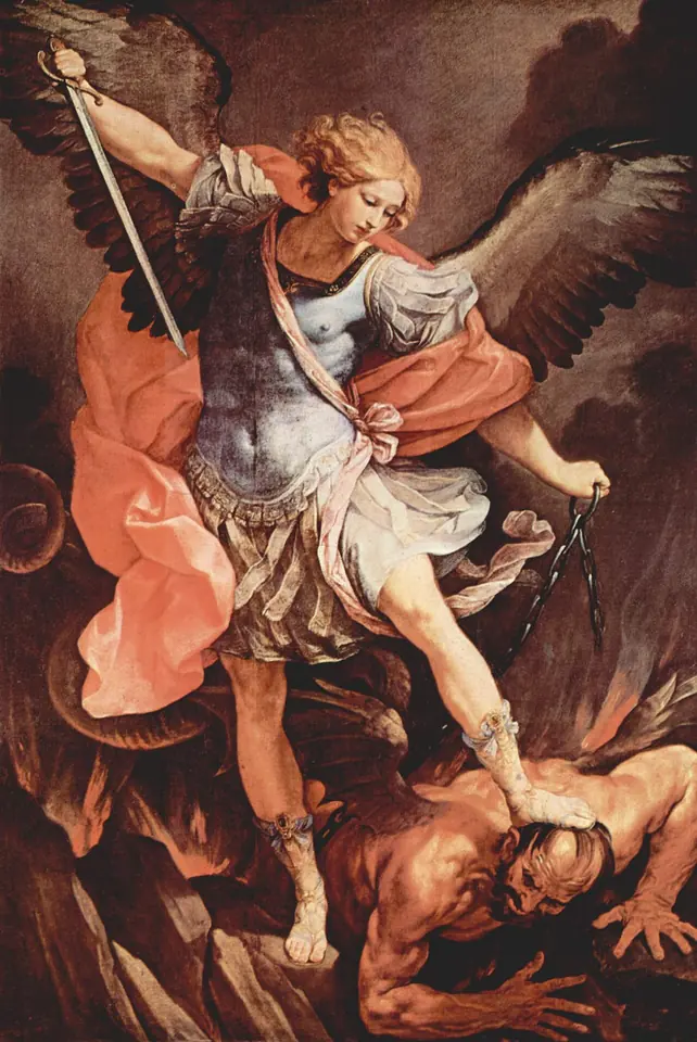 Baroque painting of the Archangel Michael in blue and red armor with a sword raised, standing calmly on the head of a fallen Satan and holding a chain
