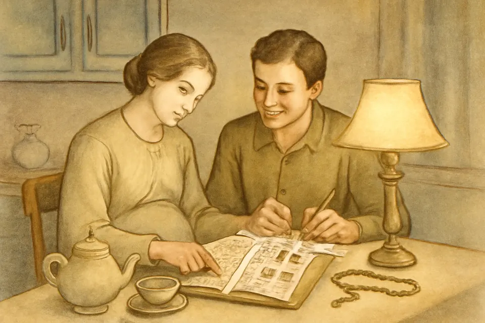 Watercolor-style illustration of a young couple at a kitchen table reading a book of saints' names, the wife pointing to a page