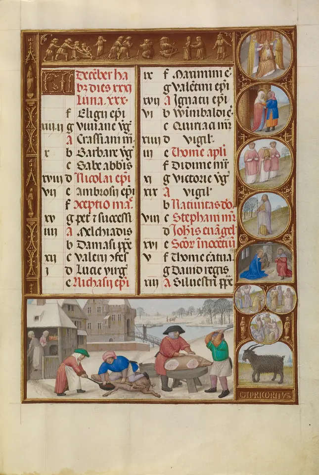 Página de calendario de un manuscrito para diciembre con dos columnas de nombres de santos en rojo y negro, pequeños medallones de santos a la derecha y una escena invernal de aldeanos abajo