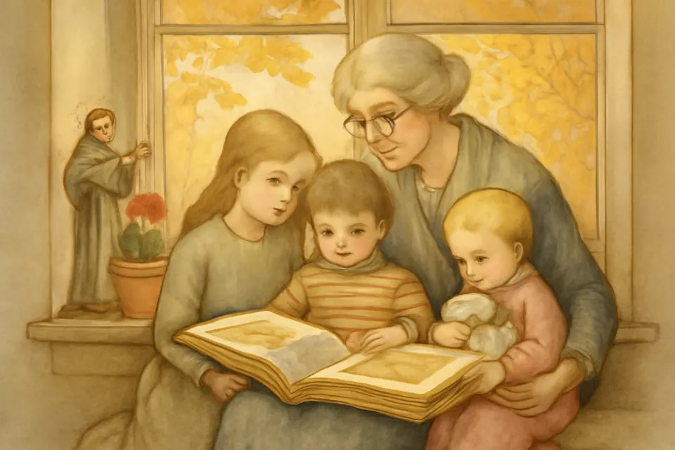 Watercolor-style illustration of a grandmother reading a book of saint stories to three children on a window seat, with a small statue of St. Francis on the sill
