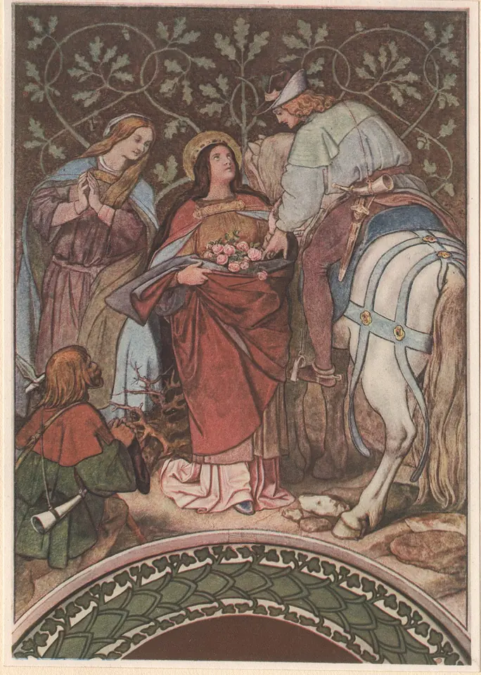 Fresco of a young woman in a red dress holding roses in her skirt as a nobleman on a white horse leans down toward her, with attendants and a poor man nearby