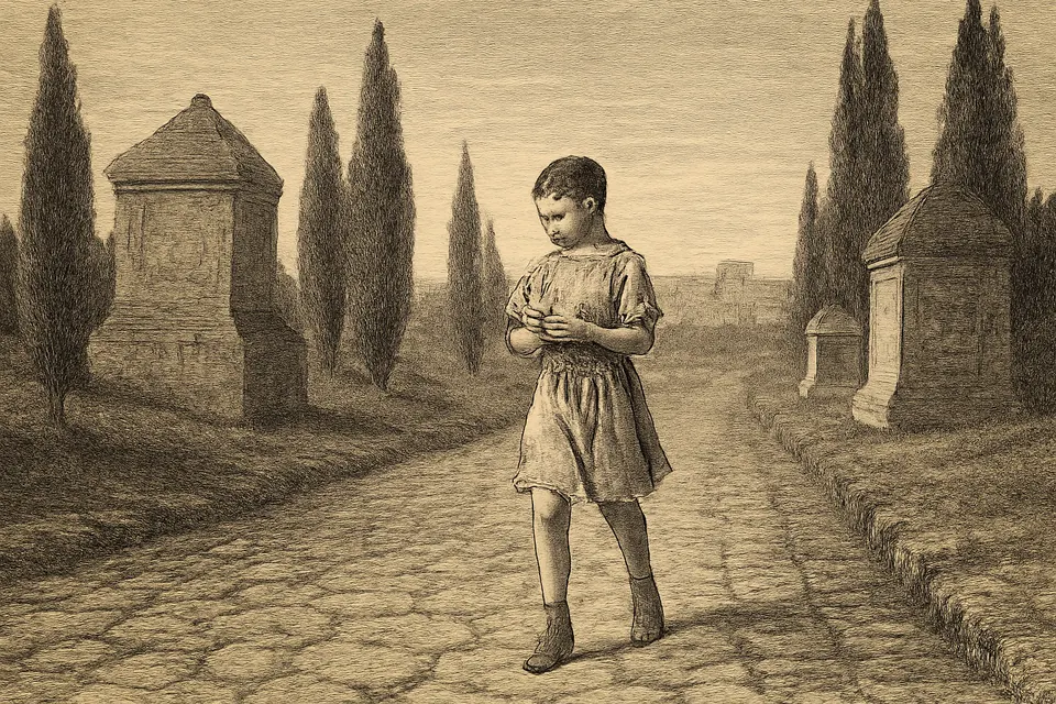 Engraving-style illustration of the boy Tarcisius walking along an old Roman road at dawn, holding something hidden close to his chest