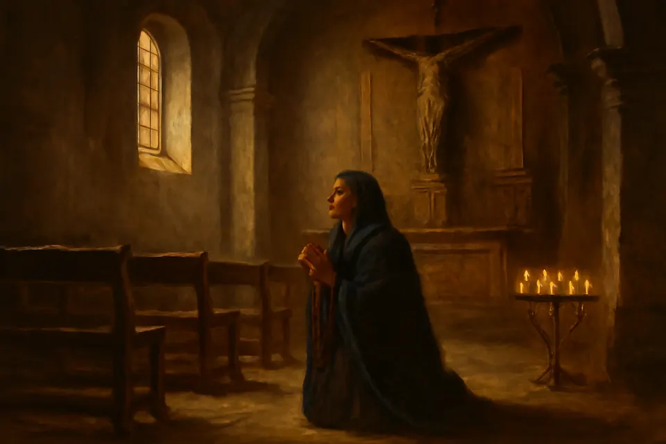 Oil-painting-style illustration of a woman in a dark rebozo kneeling at the back of a colonial Mexican church at dusk, praying before a large crucifix while candles burn on a stand beside her