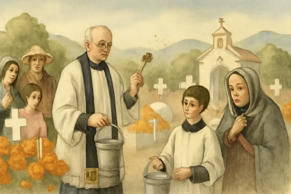 Ilustración en estilo acuarela de un sacerdote con estola negra que rocía con agua bendita las tumbas adornadas con cempasúchil en un panteón de pueblo el Día de los Fieles Difuntos
