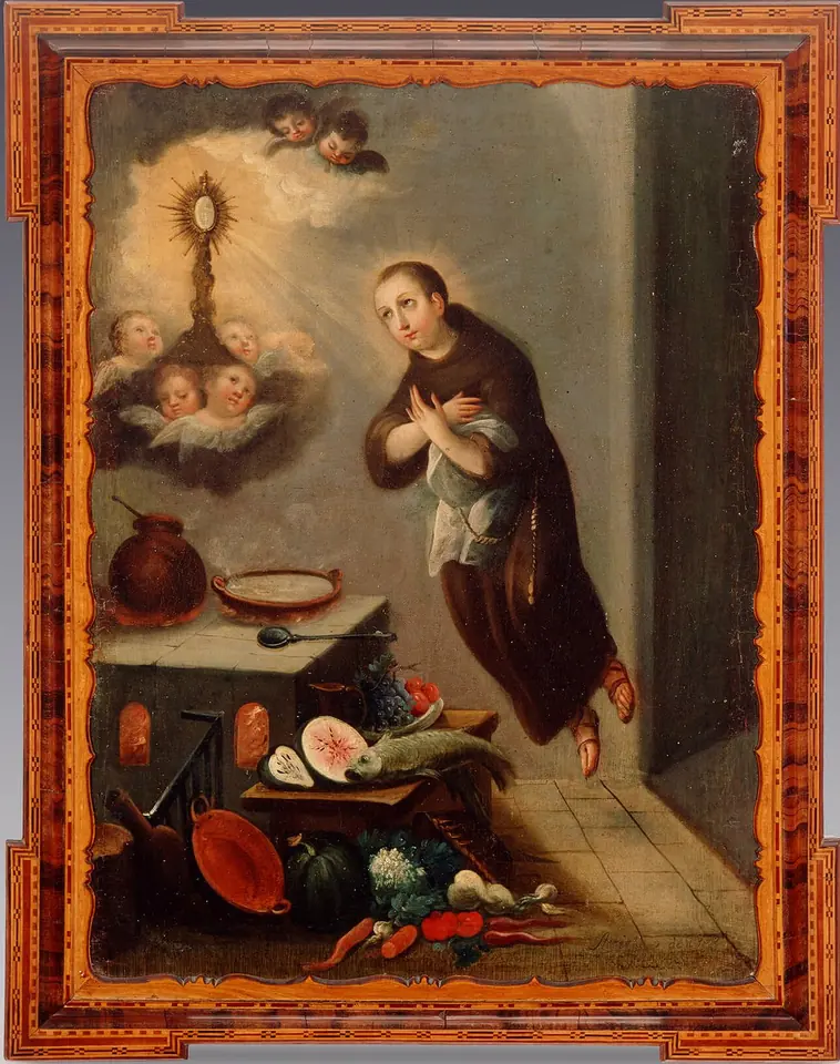 Pintura mexicana de un hermano lego franciscano elevado en el aire con las manos juntas en una cocina, que contempla una custodia sostenida por querubines, junto a ollas, pescados, melones y verduras
