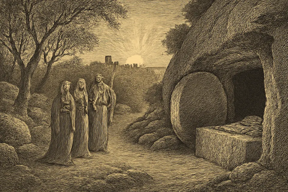 Ilustración en estilo grabado del sepulcro vacío de Cristo al amanecer, con la piedra corrida y los lienzos doblados, mientras tres mujeres se acercan con frascos de perfumes