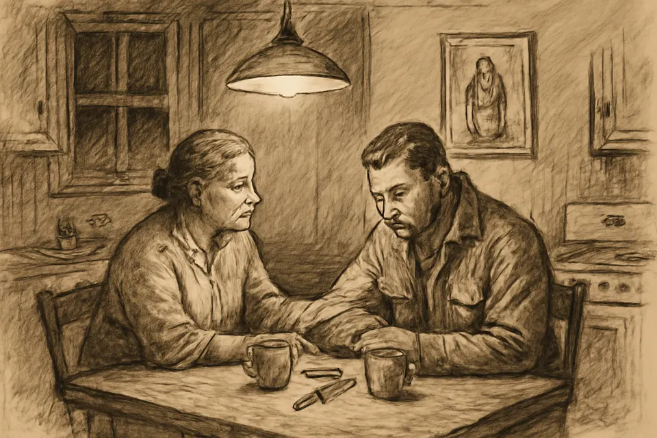 Ilustración en estilo tinta de una madre que conversa en voz baja con su hijo adulto en la mesa de la cocina, con dos tazas de café y un rosario entre ellos