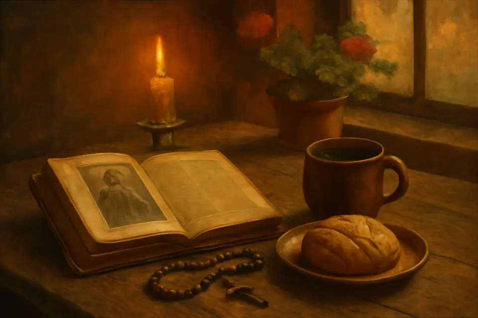 Ilustración en estilo óleo de un viejo libro de vidas de santos abierto sobre una mesa de cocina a la luz de la mañana, junto a una vela, un rosario y una taza de café
