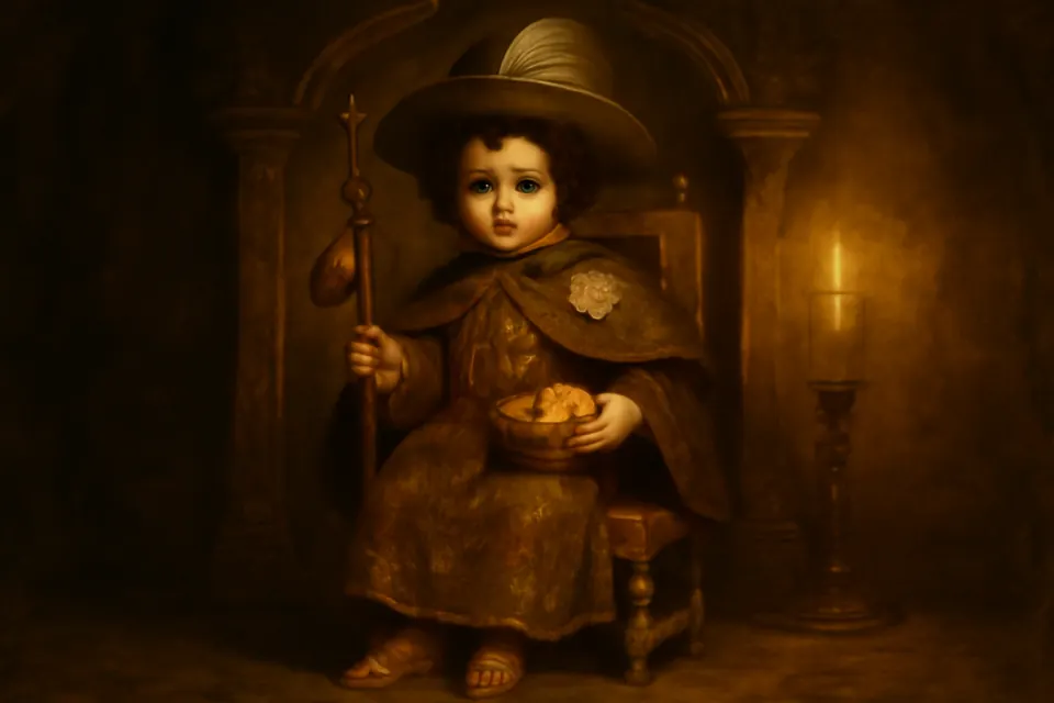 Ilustración al estilo de pintura al óleo del Santo Niño de Atocha sentado en una silla dorada, vestido de peregrino con capa y sombrero de pluma, con una canasta en una mano y un bastón con guaje en la otra
