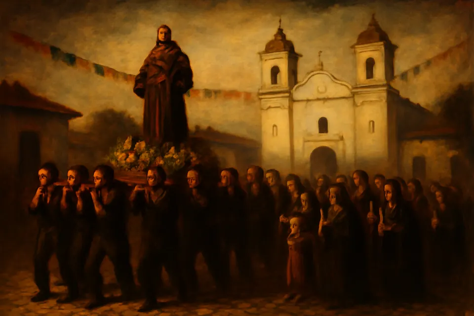 Ilustración en estilo de pintura al óleo de una procesión con la imagen del santo patrono por la plaza de un pueblo latinoamericano, frente a una iglesia colonial