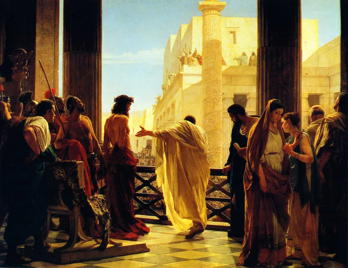 Painting of Pilate in a white toga on a sunlit balcony gesturing toward Christ, who stands bound in a red cloak with his back to the viewer, before a crowd below
