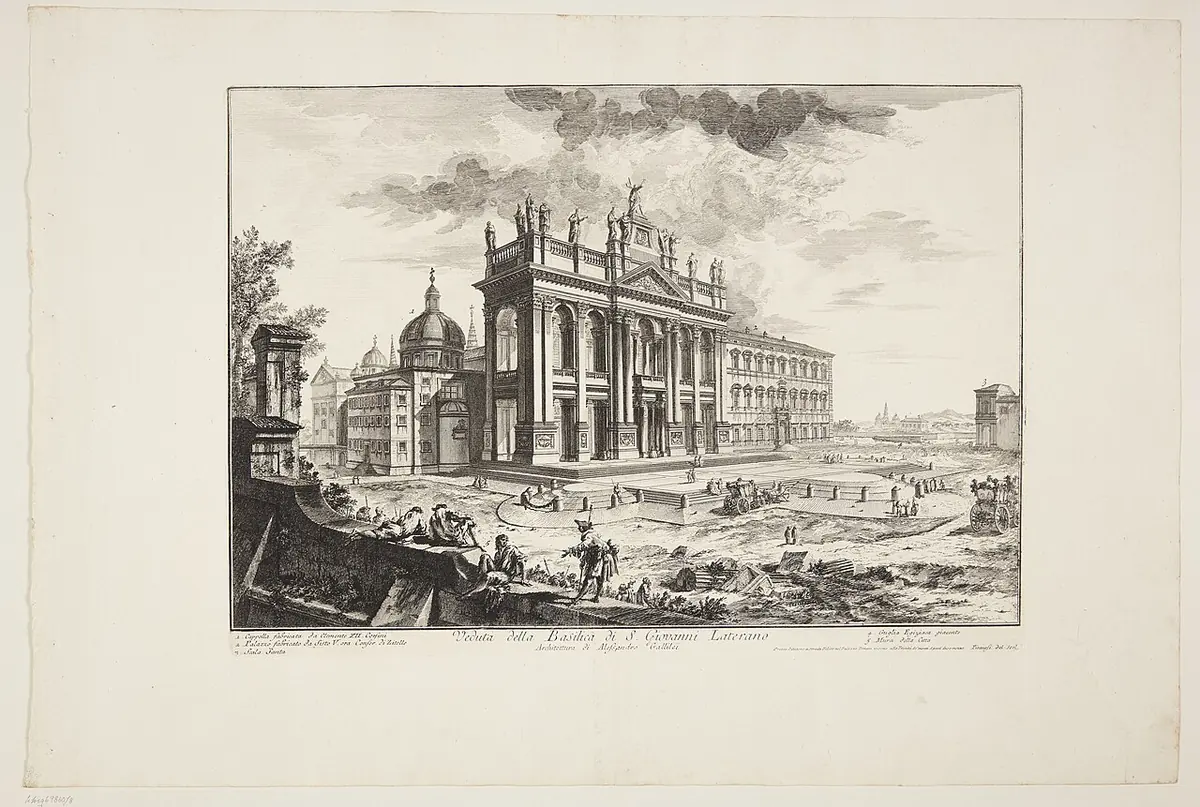 Engraving of a broad square in front of a great basilica facade, with a smaller classical building at the right and carriages and people in the foreground